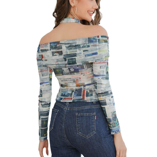 Damen Schulterfreies Mesh-Top mit Zeitungsprint, Halterkragen und figurbetonter Passform Shop Nory