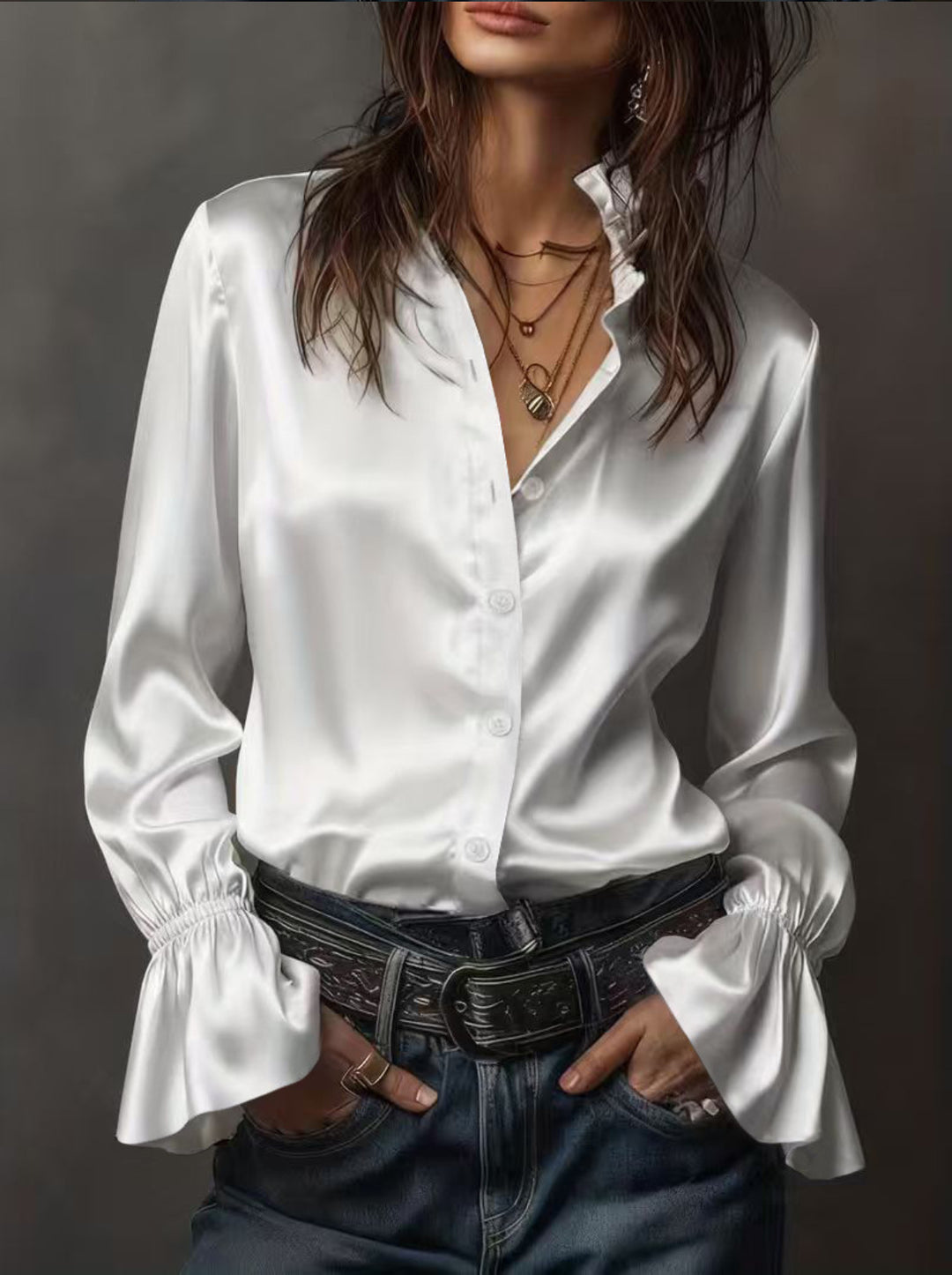 Damen Seidenglänzende Satinbluse mit Stehkragen, Knopfleiste und Volantärmel Shop Nory