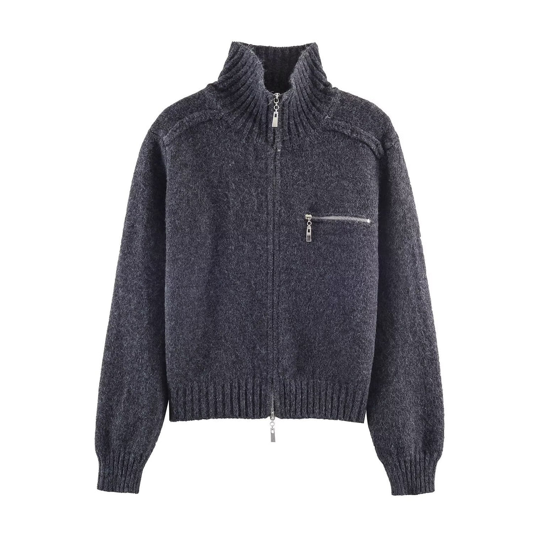Damen Grobgestrickte Reißverschluss‑Strickjacke mit hohem Rippkragen und Brusttasche Shop Nory
