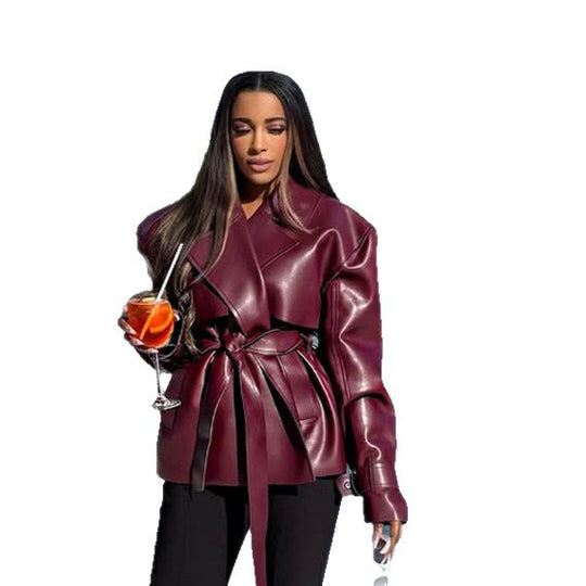 Damen Taillierter Lederimitat-Blouson mit Bindegürtel und voluminöser Schulterpartie Shop Nory