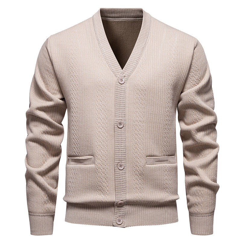 Herren Texturierter V-Ausschnitt Strickcardigan mit Knopfleiste und Eingrifftaschen Shop Nory