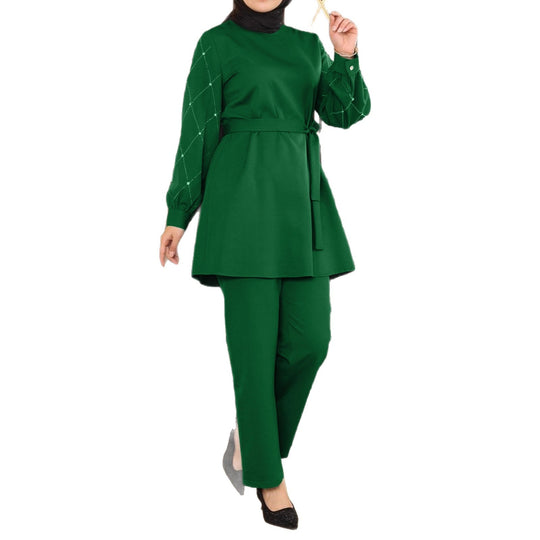 Damen Elegantes zweiteiliges Tunika-Set mit Taillengürtel und Zierärmeln Shop Nory