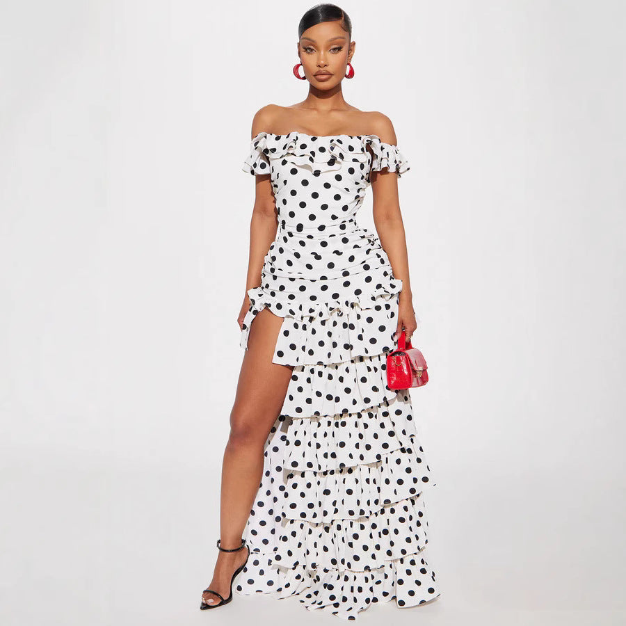 Damen Off-Shoulder Maxikleid mit Rüschen und aufregendem Schlitz Shopnory