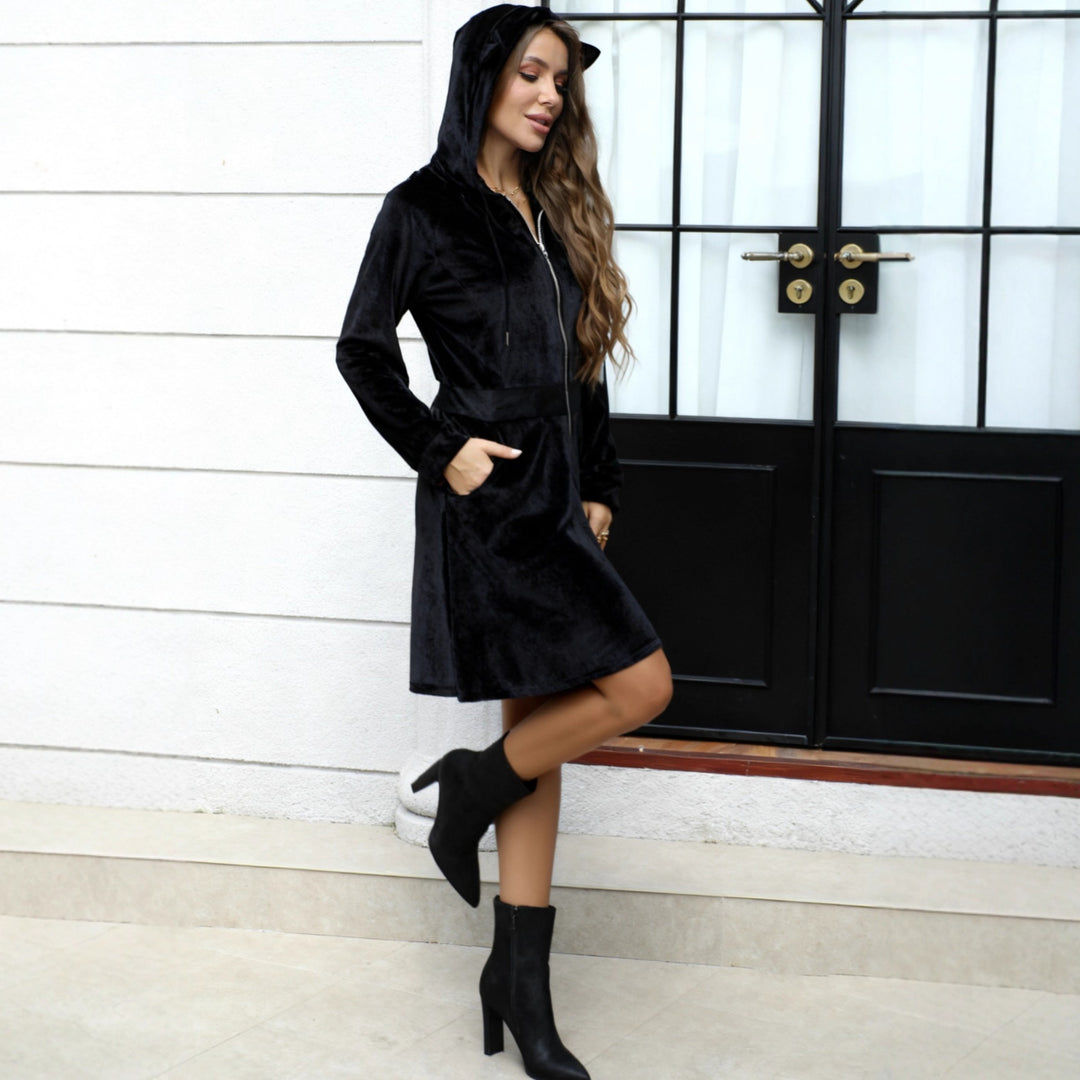 Damen Samt-Kapuzenkleid mit Reißverschluss, Taillengürtel & Katzenohren Shop Nory