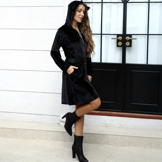 Damen Samt-Kapuzenkleid mit Reißverschluss, Taillengürtel & Katzenohren Shop Nory