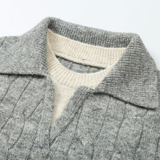 Damen Grobgestrickter Zopfmuster-Pullover mit offenem Polokragen und V‑Ausschnitt Shop Nory