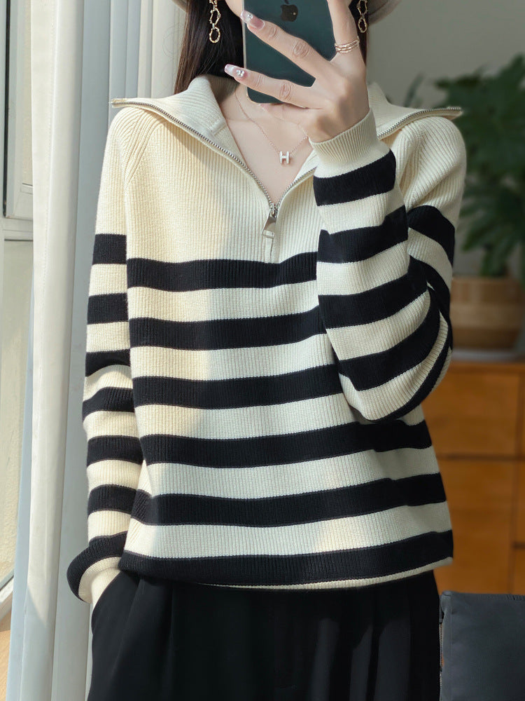 Damen Maritimer Troyer-Pullover aus feinem Rippstrick mit breiten Querstreifen Shop Nory