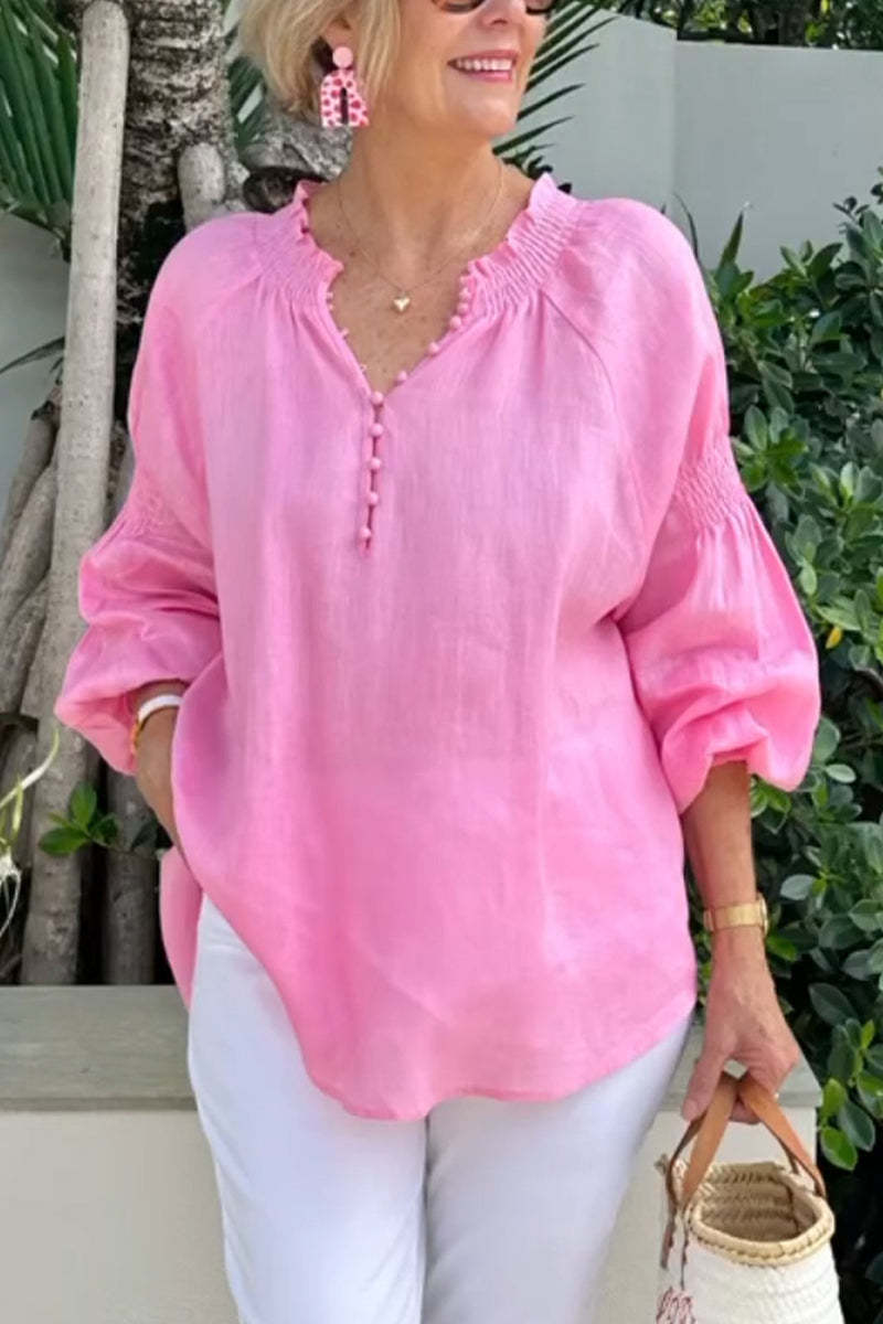 Damen Leichte Bluse mit elastischen Puffärmeln und Knopfleiste