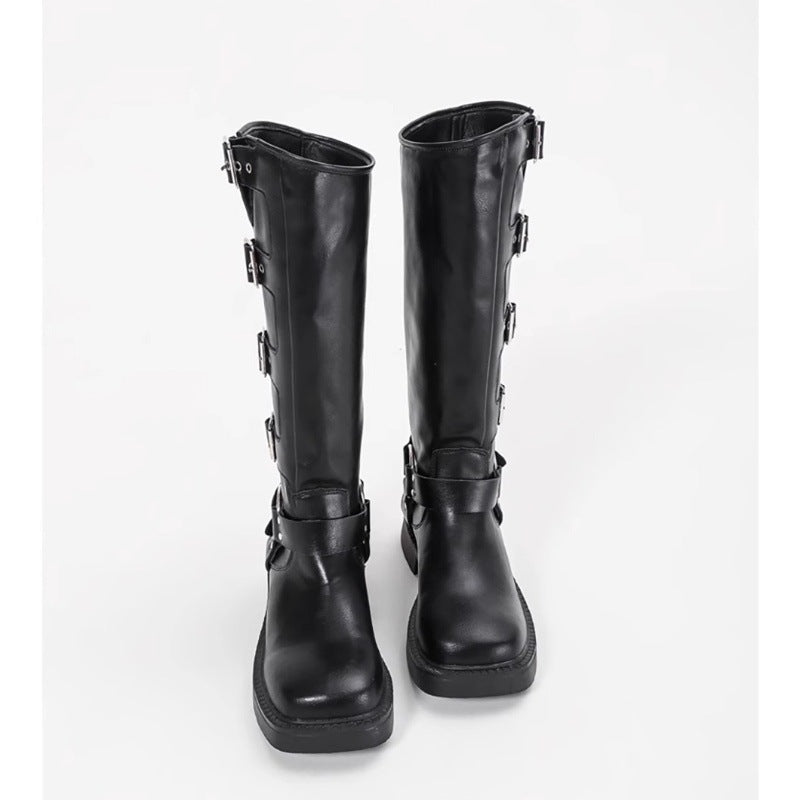 Damen Stiefel mit modischen Schnallen und robustem Blockabsatz
