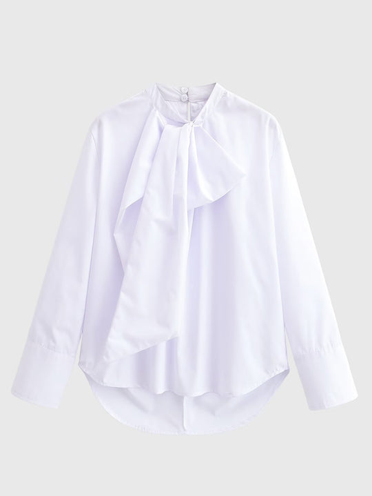 Damen Seidige Schluppenbluse mit Zierschal und verlängertem Rückensaum Shop Nory