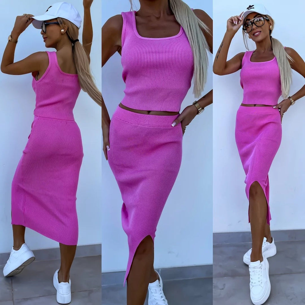 Damen Gemütliches Strick-Set mit schulterfreier Bluse und langer, schmaler Rock Shopnory