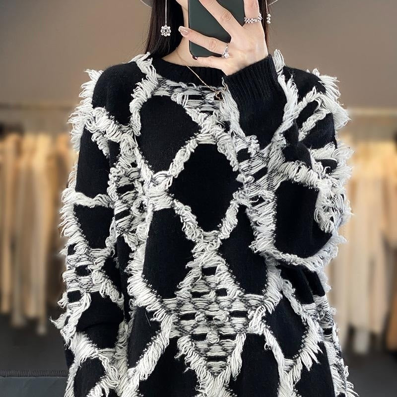 Damen Oversize-Strickpullover mit Fransen‑Diamantmuster und weicher Mohair‑Optik Shop Nory