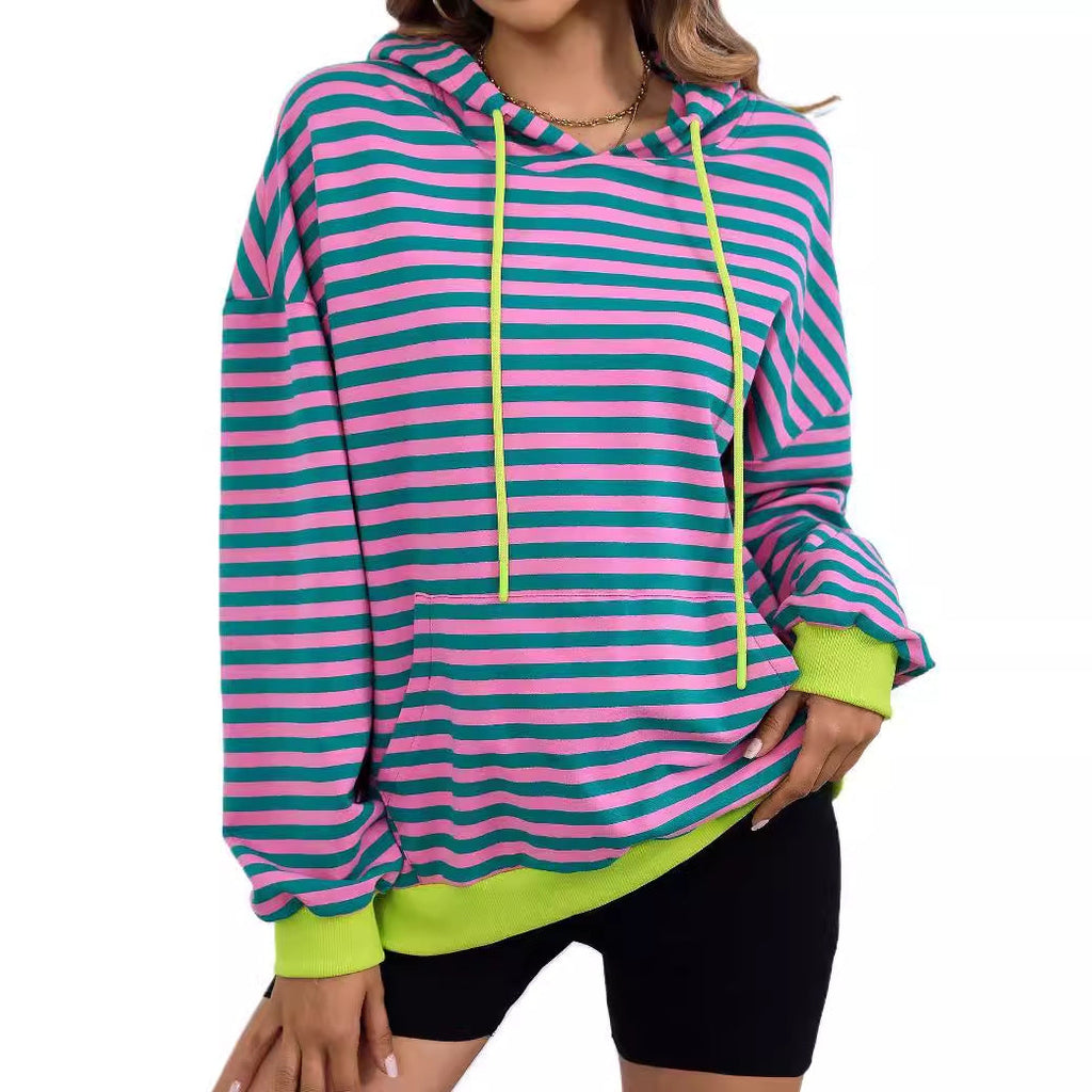 Damen lässiger Kapuzenpullover mit buntem Streifenmuster