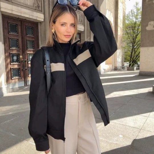 Damen Cropped Bomberjacke mit Kontraststreifen, Stehkragen und kastiger Silhouette Shop Nory