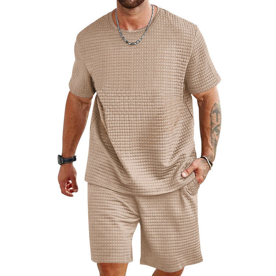 Herren nan Waffelstruktur Wohn- und Freizeit-Set mit weit geschnittenem Kurzarmshirt und kurzer Hose mit elastischem Bund
