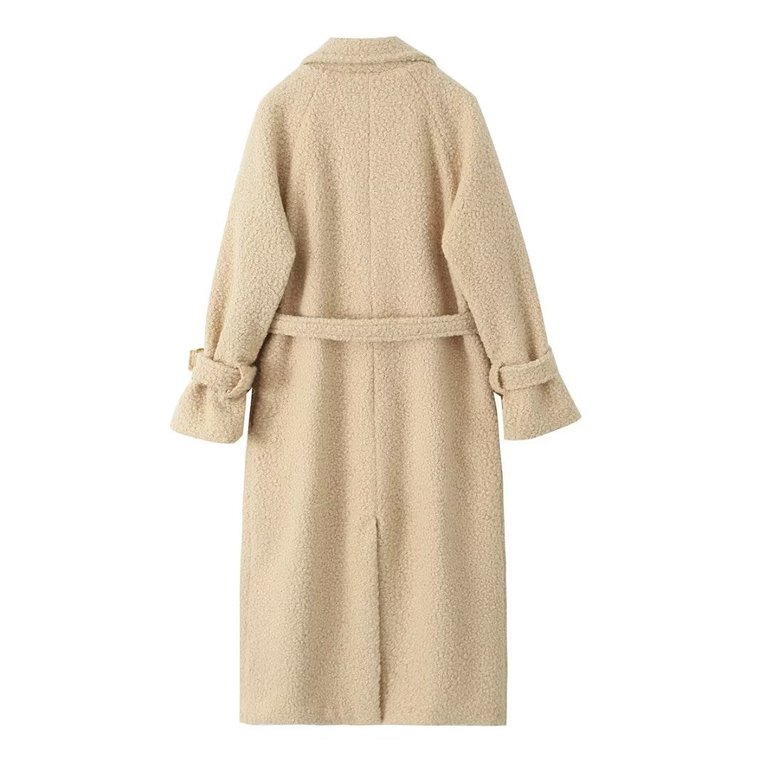 Damen Zweireihiger Teddy‑Mantel mit Bindegürtel und Schnallenärmeln Shop Nory