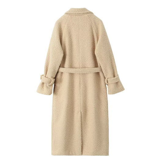 Damen Zweireihiger Teddy‑Mantel mit Bindegürtel und Schnallenärmeln Shop Nory