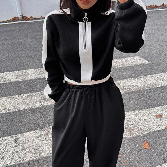 Damen kurzes Sweatshirt mit Halbreißverschluss und elastischer Bund Jogginghose Set Shop Nory