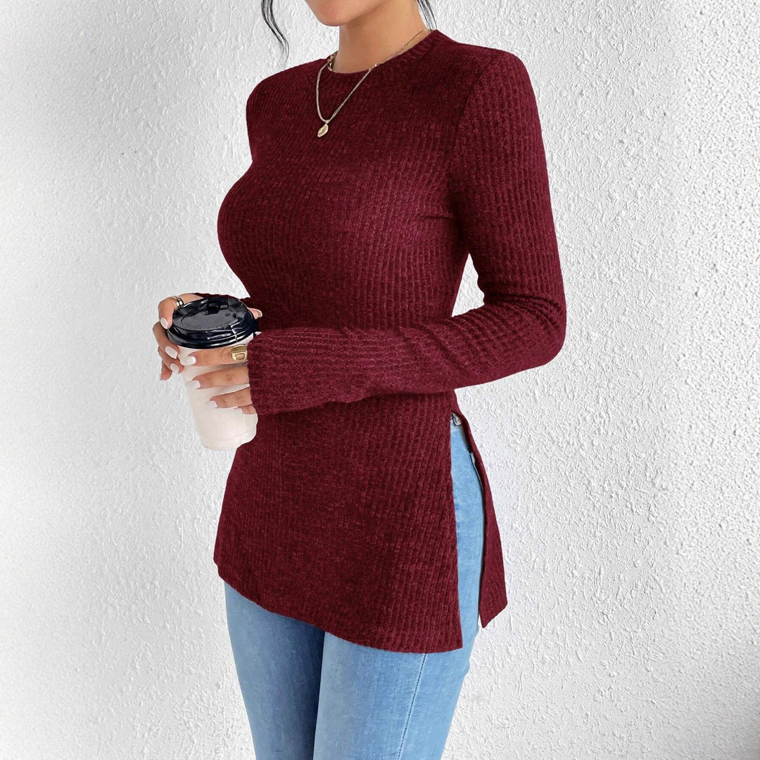 Damen Gerippter Taillierter Feinstrick-Pullover mit Stehkragen, langen Ärmeln und Seitenschlitzen Shop Nory
