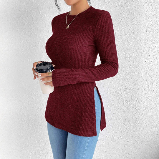 Damen Gerippter Taillierter Feinstrick-Pullover mit Stehkragen, langen Ärmeln und Seitenschlitzen Shop Nory