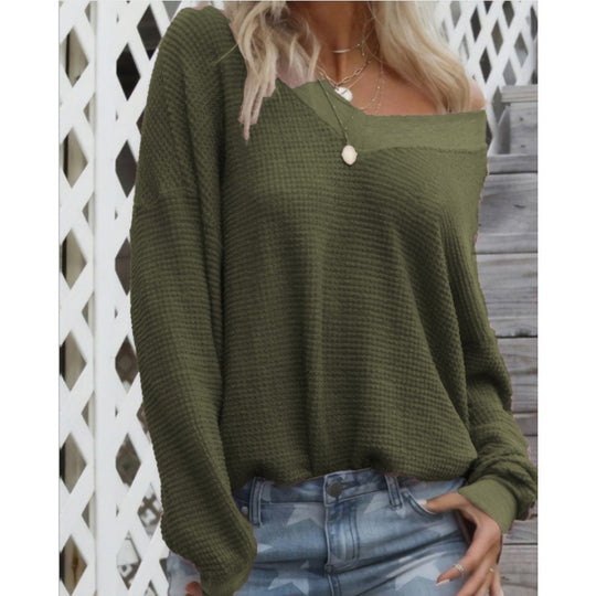 Damen Lockerer Waffelstrick-Pullover mit weitem Off-Shoulder-Ausschnitt und Oversize-Schnitt Shop Nory