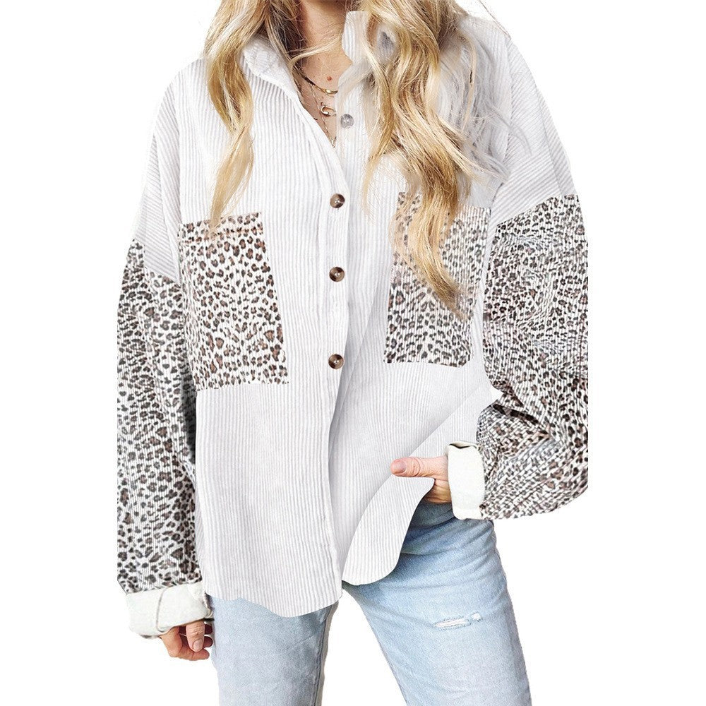 Damen Oversize-Cordhemd mit durchgehender Knopfleiste, Leo-Kontrastärmeln und aufgesetzten Taschen Shop Nory