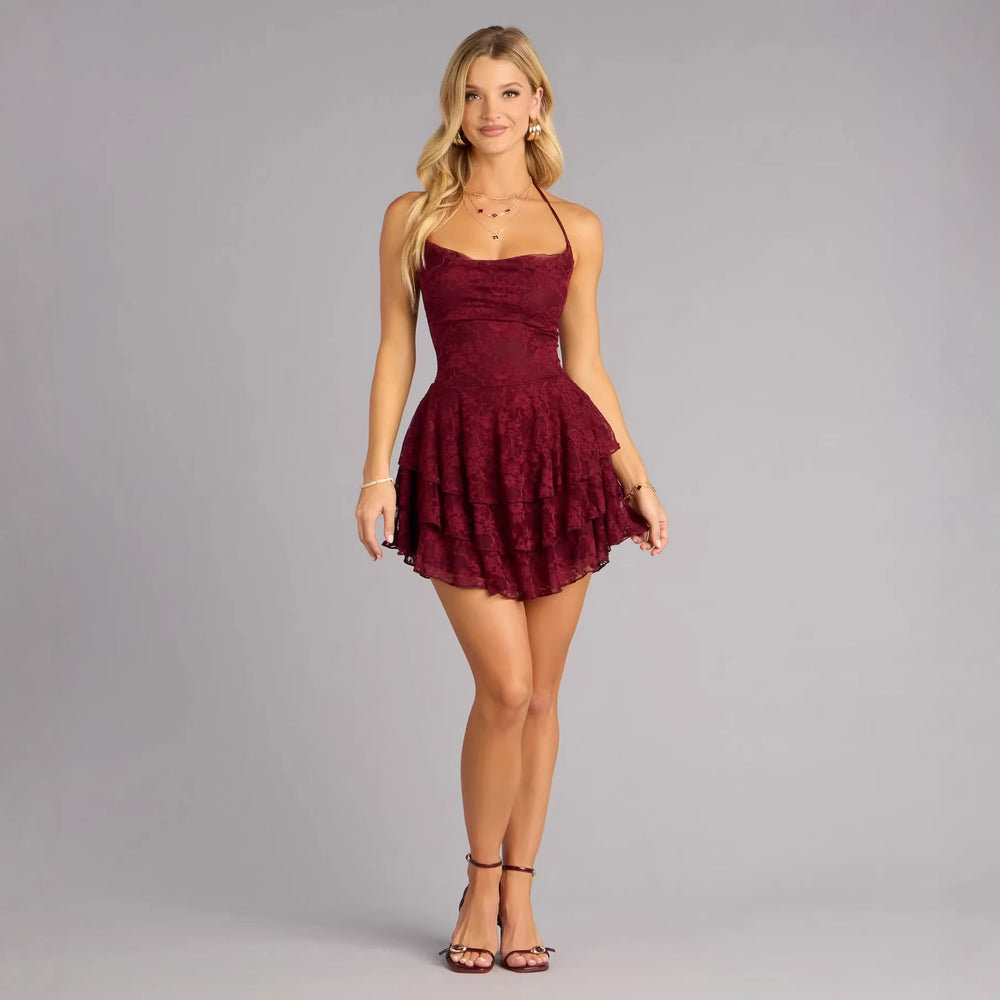 Damen verspieltes Spitzen-Minikleid mit Rüschendetails Shopnory