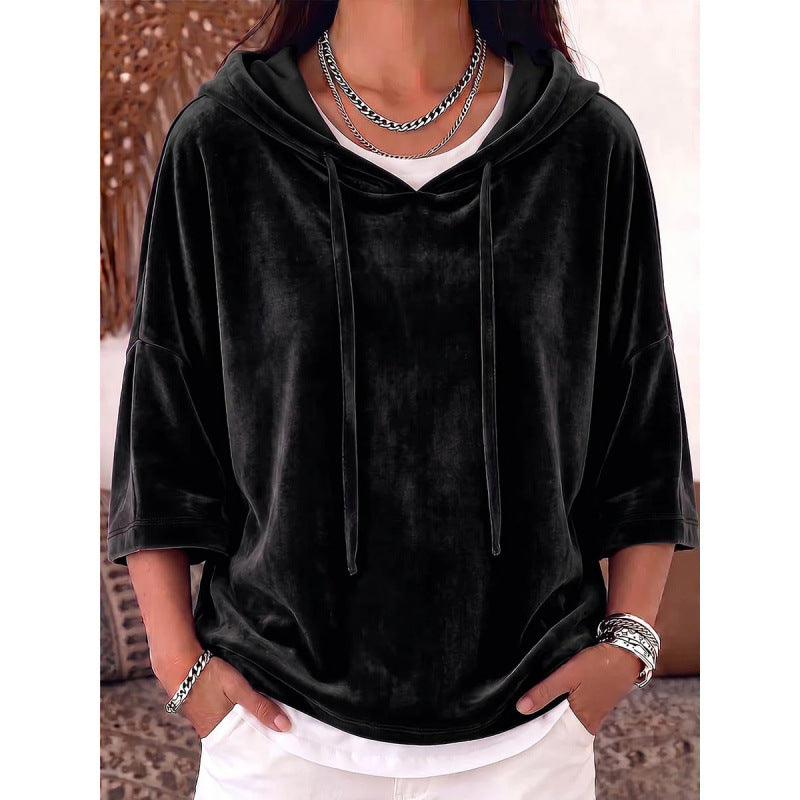 Damen Oversize Samt-Halbarm-Hoodie mit Kordelzug und Taschen Shop Nory