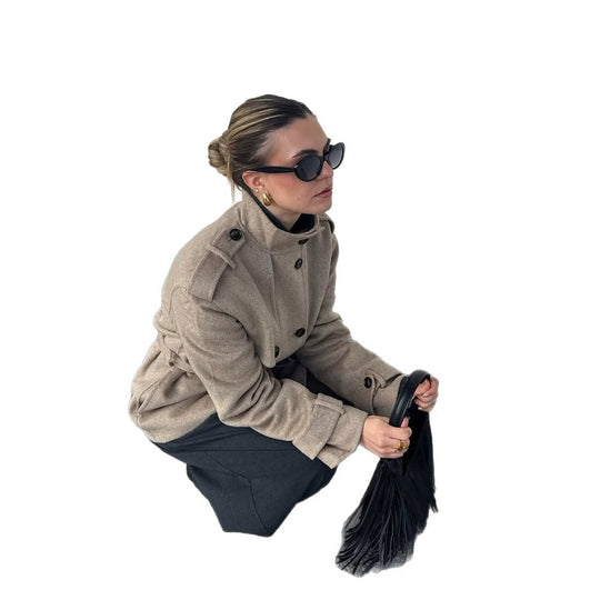 Damen Kurz-Mantel im Trench-Stil mit Bindegürtel und Stehkragen Shop Nory