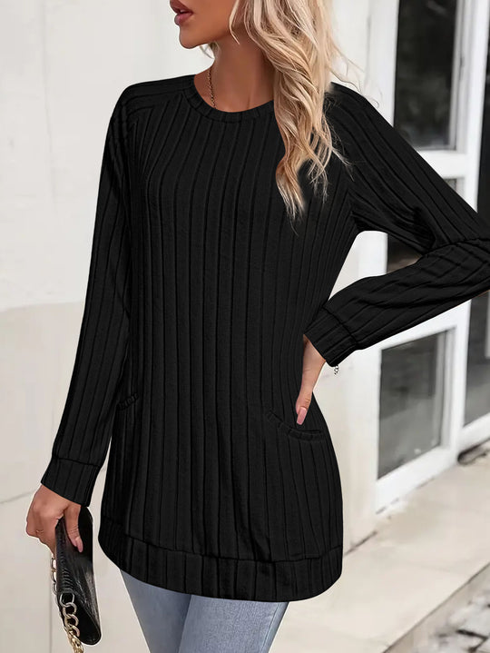 Damen Gerippter Longpullover-Tunika mit Rundhals, Seitentaschen und legerer Passform Shop Nory
