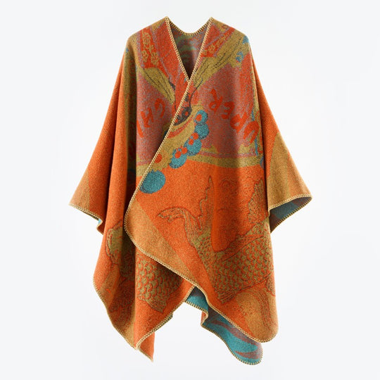 Damen Jacquard-Poncho mit Fischmotiv und offenem Oversize-Schnitt Shop Nory