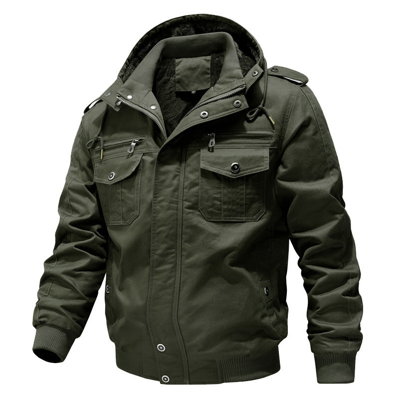 Herren Wasserabweisender Canvas-Bomber mit wärmender Sherpa-Innenlage, Kapuze und Utility-Taschen Shop Nory