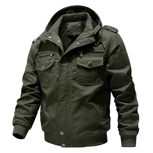 Herren Wasserabweisender Canvas-Bomber mit wärmender Sherpa-Innenlage, Kapuze und Utility-Taschen Shop Nory