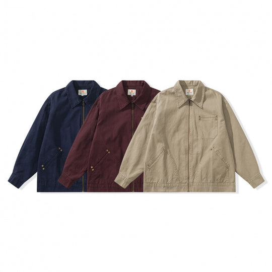 Unisex Kastenförmige Canvas-Worker-Jacke mit Frontreißverschluss und Nietapplikationen Shop Nory