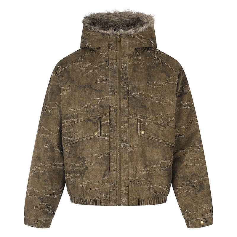 Damen Wattierte Kapuzen‑Bomberjacke mit Kunstfellbesatz, Camouflage‑Effekt und elastischem Saum Shop Nory