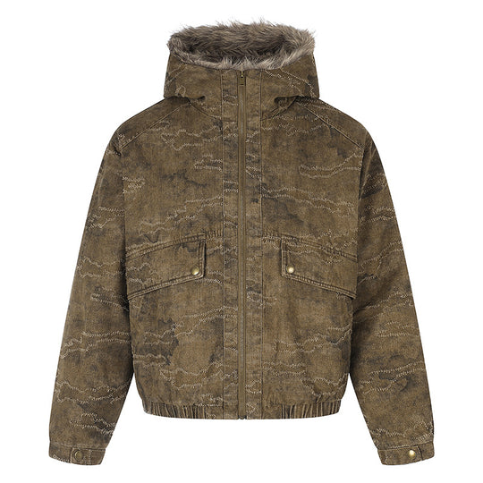 Damen Wattierte Kapuzen‑Bomberjacke mit Kunstfellbesatz, Camouflage‑Effekt und elastischem Saum Shop Nory