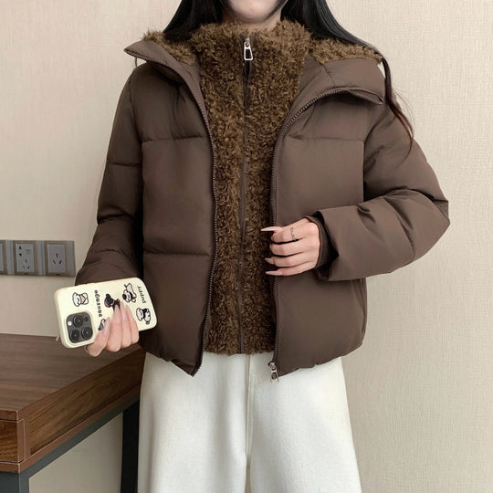 Damen nan kurze wattierte Doppeljacke mit abnehmbarem Teddy-Innenfutter und hohem Stehkragen Shop Nory