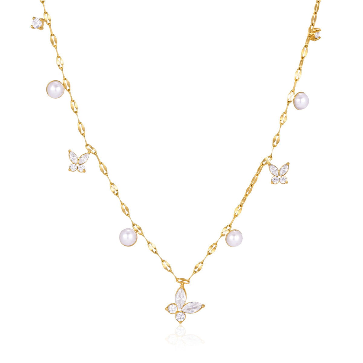 Damen Halskette mit eleganten Perlen und glitzernden Schmetterlingsanhängern Shop Nory