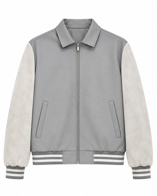 Herren Retro Letterman‑Bomber mit glattem Kunstlederkörper und Veloursärmmel-Detail Shop Nory