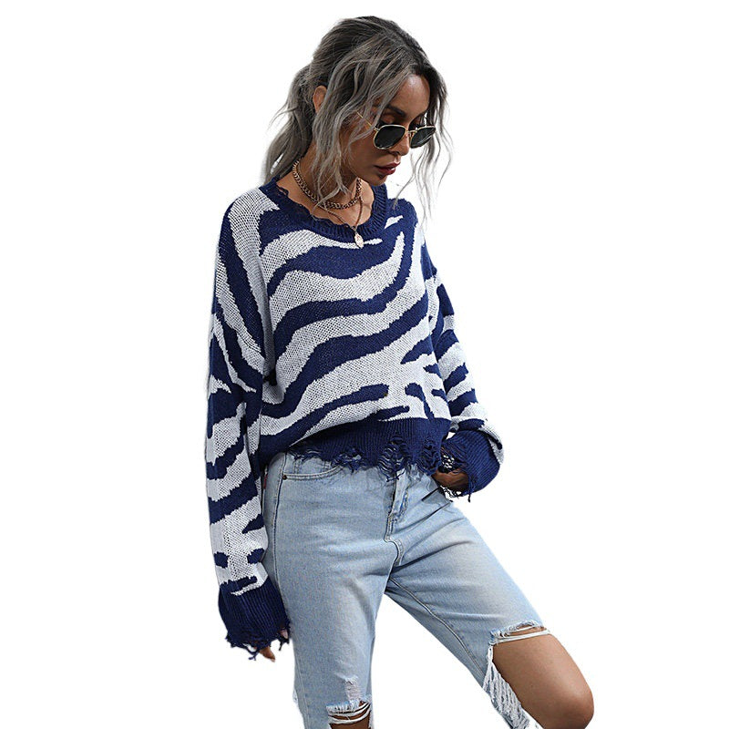 Damen Modischer Cropped Pullover mit Zebramuster Shop Nory