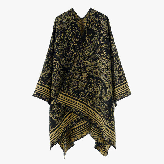 Damen Jacquard-Poncho im Ruana-Schnitt mit Paisley-Muster und breiter Bordüre Shop Nory