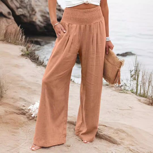 Damen Weite Leinenhose mit elastischem Bund und Falten