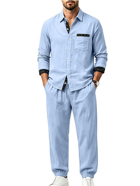 Herren Leichter Baumwoll-Loungewear-Zweiteiler mit Hemd und Kordel-Jogger Shop Nory