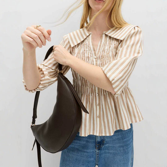 Damen Gestreifte Bluse mit Smok-Büste, großem Reverskragen und Puffärmeln Shop Nory