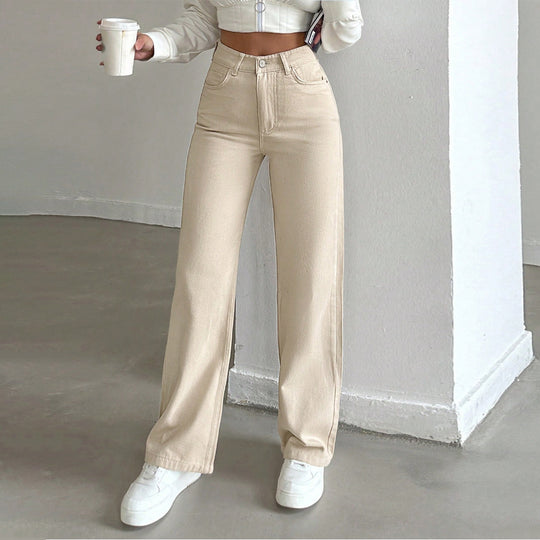 Damen Hochtaillierte weite Fünf-Taschen-Hose aus elastischem Denim mit ausgestelltem Bein Shop Nory