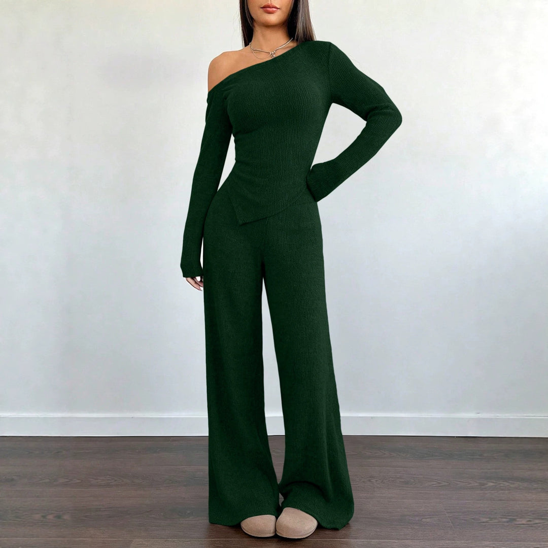 Damen Asymmetrisches Strick-Lounge-Set mit One-Shoulder-Oberteil und weitem Bein Shop Nory