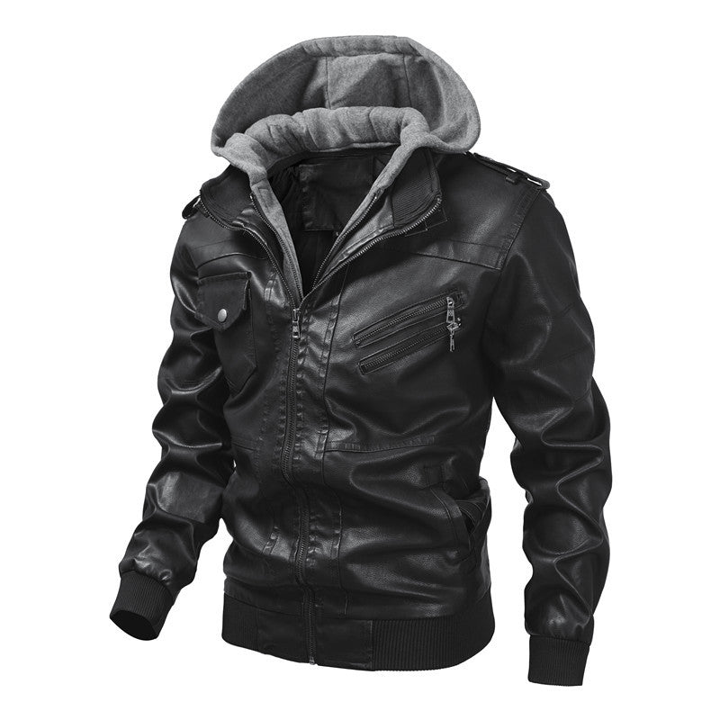 Herren Kunstlederjacke mit abnehmbarer Kapuze und Multifunktions-Taschen Shopnory
