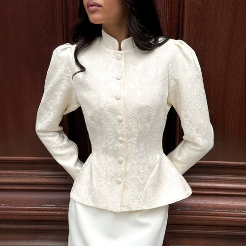 Damen taillierte Jacquard‑Bluse mit Stehkragen und dekorativer Knopfleiste Shop Nory