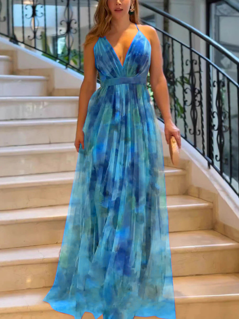 Damen Maxikleid mit tiefem V-Ausschnitt und fließendem Chiffon Shopnory