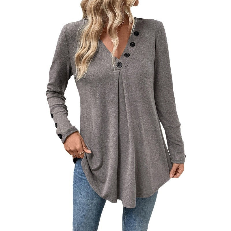 Damen Längeres V‑Ausschnitt‑Tunika‑Shirt mit Zierknöpfen, Kellerfalte und ausgestelltem Saum Shop Nory